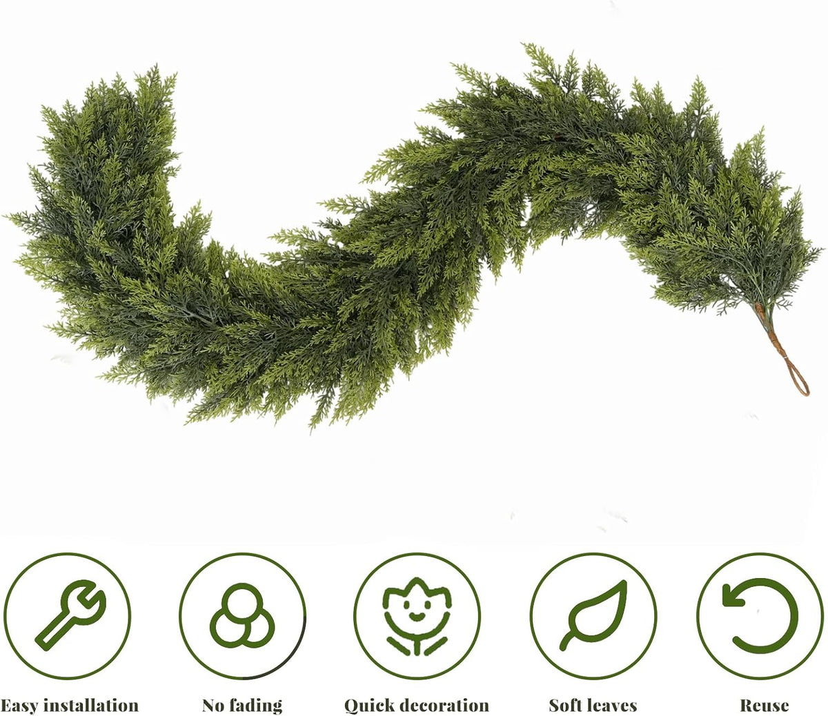 6 FT 2 Pcs Artificial Cedar Garlands, Real Touch Winter Cedar Garland, Green Artificial Greenery Pine Garland for Table, Mantle, Wall, Indoor, Outdoor Christmas Decorations
