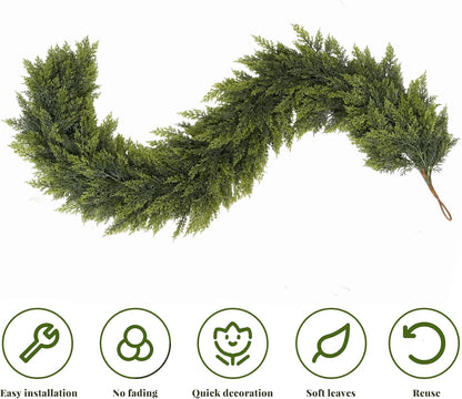 6 FT 2 Pcs Artificial Cedar Garlands, Real Touch Winter Cedar Garland, Green Artificial Greenery Pine Garland for Table, Mantle, Wall, Indoor, Outdoor Christmas Decorations