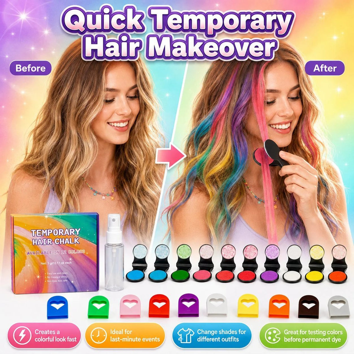 🎉 🌈12-Color Temporary Hair Chalk Applicator Set