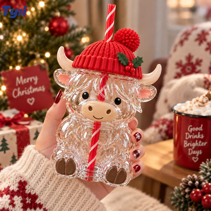 ❤️TYIIPLUS™ Highland Cow Christmas Glass Cup with Straw – Cute Holiday Tumbler Gift