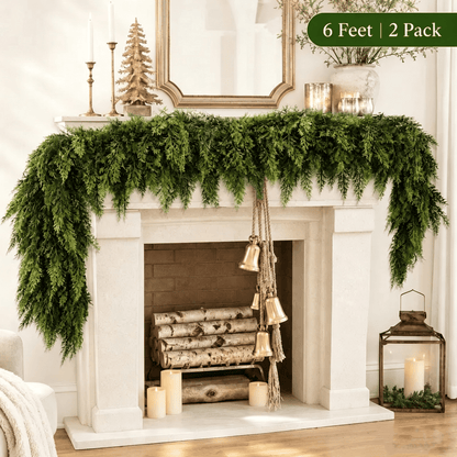 6 FT 2 Pcs Artificial Cedar Garlands, Real Touch Winter Cedar Garland, Green Artificial Greenery Pine Garland for Table, Mantle, Wall, Indoor, Outdoor Christmas Decorations