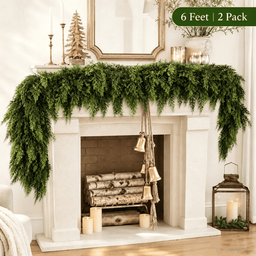 6 FT 2 Pcs Artificial Cedar Garlands, Real Touch Winter Cedar Garland, Green Artificial Greenery Pine Garland for Table, Mantle, Wall, Indoor, Outdoor Christmas Decorations